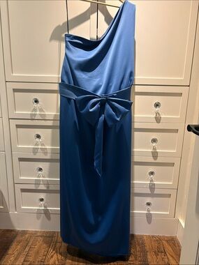 Elegant Custom made One-Shoulder Blue Evening Dress with Side Bow